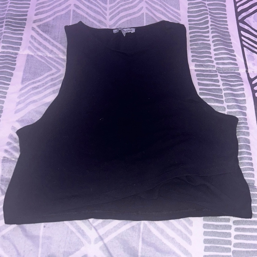 Black cropped tank top with criss-cross pattern
